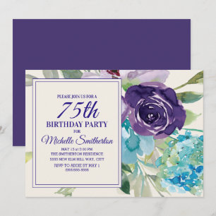 Pflaumen-Pfirsich-Blau-Aquarell-Blumen 75. Geburts Einladung