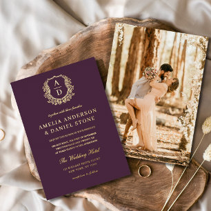 Pflaumen-Purple-Gold-Blatt-Kamm-Foto-Hochzeit Folieneinladung