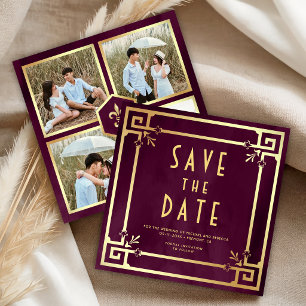 Pflaumen-Purpur-Gold-Art-Deco-Foto-Collage-Hochzei Save The Date