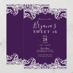 Pflaumen Purpur & Gold Spitze Elegante Sweet 16 Pa Einladung
