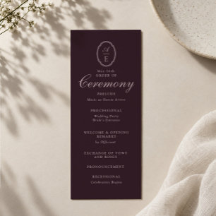 Pflaumen-Schwarz-Monogramm-Hochzeitsprogramm Einladung