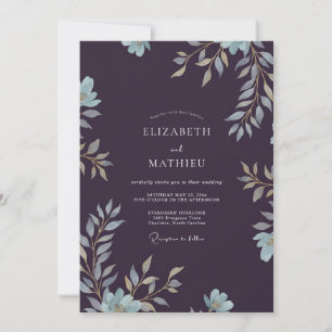 Pflaumen-Silber-Laub-Gesteckte Eukalyptus-Hochzeit Einladung