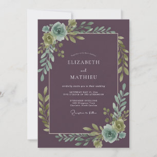 Pflaumen-Türkis-Botanical-Aquarell-Hochzeit Einladung