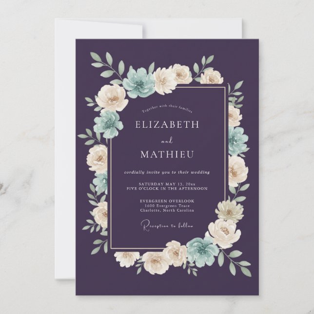 Pflaumen-Türkis Botanische Romantische Hochzeit Einladung (Vorderseite)