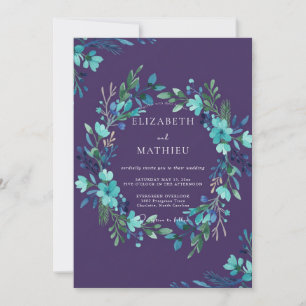 Pflaumen-Türkis-Laub-Eukalyptus-Hochzeit Einladung