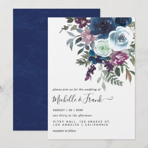 Pflaumen- und Marineblumen-Hochzeit Einladung