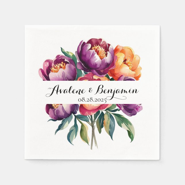 Pflaumen und Orangefarbene Peony Bouquet Wedding Serviette (Vorderseite)