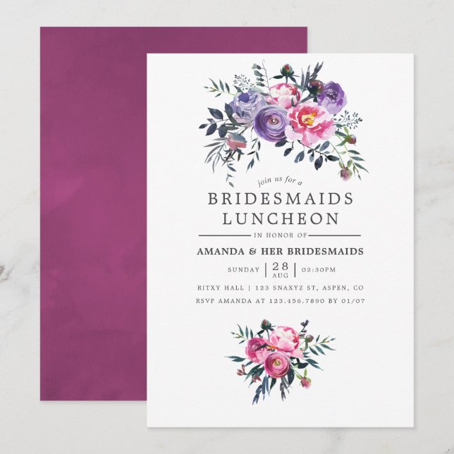 Pflaumen und rosa Wasserfarben Blumensträuße Lunch Einladung (Vorne/Hinten)