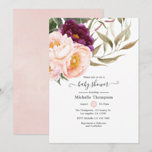 Pflaumen- und Rosafarbenes Florales Babyshower Einladung