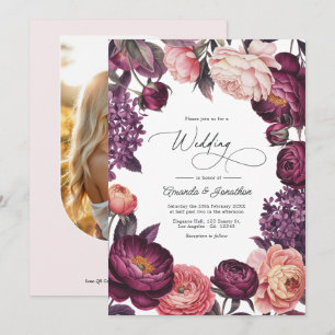 Pflaumen- und Rosé-Wasserfarben-Blumen-Hochzeitsfo Einladung