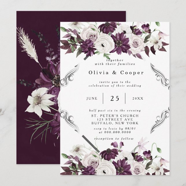 Pflaumen und Silber Geometric Floral Wedding Einladung (Vorne/Hinten)