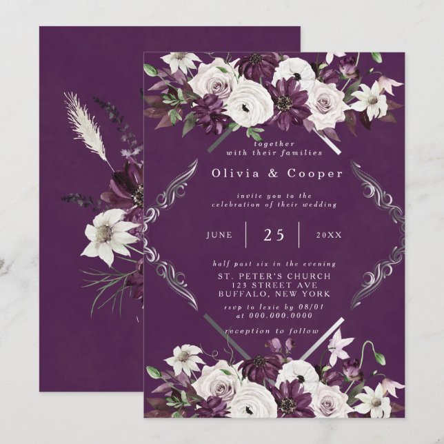 Pflaumen und Silber Geometric Floral Wedding Einladung (Vorne/Hinten)