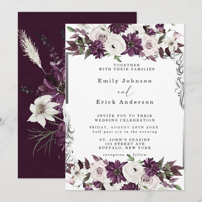 Pflaumen und Silber Geometric Floral Wedding Einladung (Vorne/Hinten)