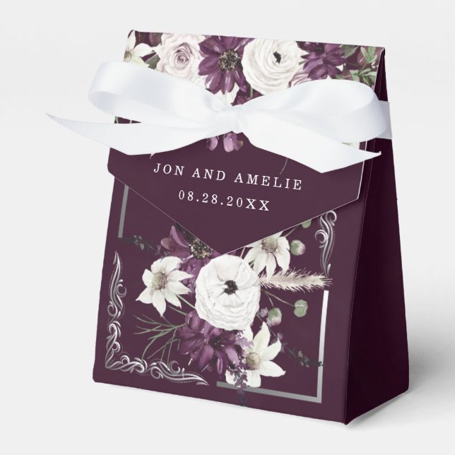 Pflaumen und Silber Geometric Floral Wedding Geschenkschachtel (Vorderseite)