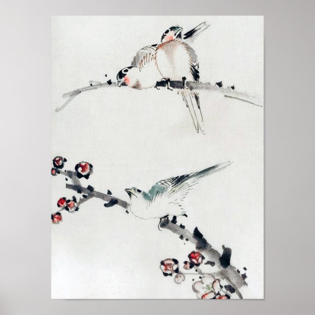 Pflaumen und Vögel, Hokusai, Ukiyo-e Poster (Vorne)