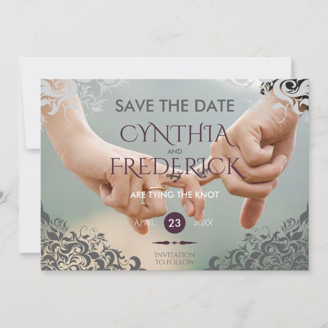 Pflaumenbarocke Kronleuchter-Hochzeit speichert da Save The Date (Vorderseite)