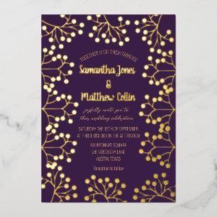 Pflaumenfarbene Baby-Atem-Blumen-Hochzeit mit Gold Folieneinladung