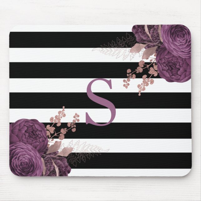Pflaumengold Monogramm Schwarz-weiße Streifen der  Mousepad (Vorne)
