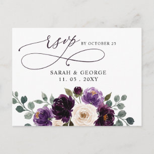 Pflaumenlila Elfenbein Aubergine Floral Hochzeit R Postkarte