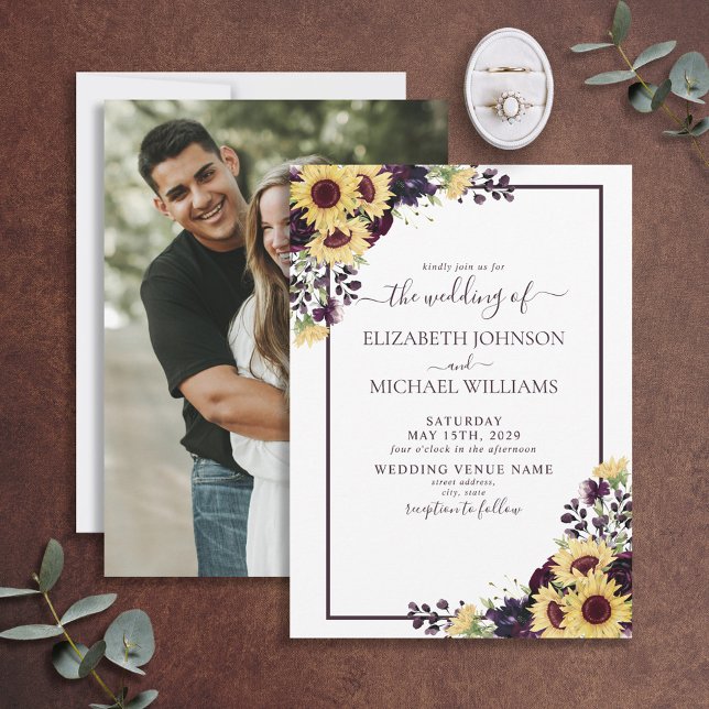 PflaumenLila Sonnenblumen Foto Hochzeit Einladung (Von Creator hochgeladen)