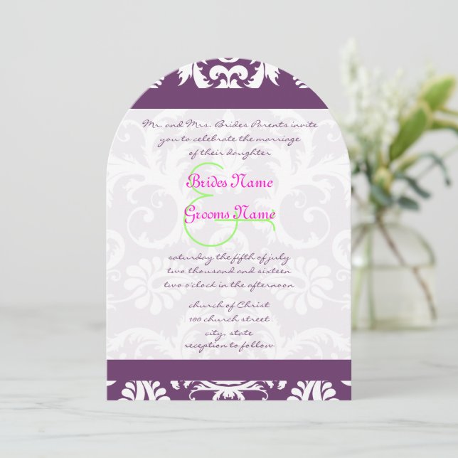 Pflaumenrosa Limoner Damaskohl Swirl Hochzeitseinl Einladung (Stehend Vorderseite)