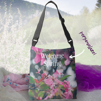 Pflaumenzweig mit rosa Blume Tragetaschen Mit Langen Trägern
