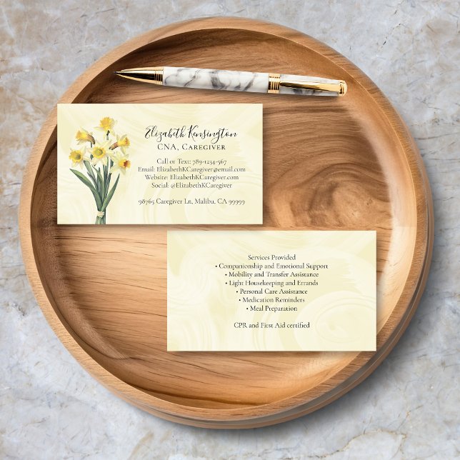 Pflegepersonal Visitenkarte (Caregiver Elder Care Services Floral Business Card with Yellow Flowers, Services, Certifications.)