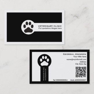 Pfote und QR-Code schwarze Tierarztpraxis/Tierklin Visitenkarte