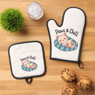 Pfoten & Chill Katzennapf Illustration Cartoon Ofenhandschuh & Topflappen-Set