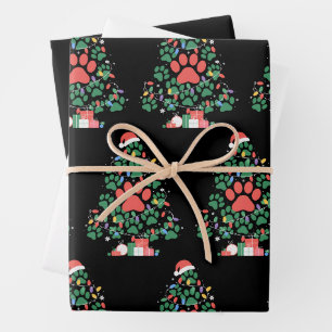 Pfotenabdruck-Weihnachtsbaum-Hund-Katze-Mutter-Fan Geschenkpapier Set