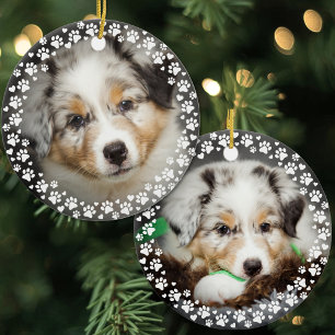 Pfotenabdrücke und Herzen Haustier-Foto Keramik Ornament