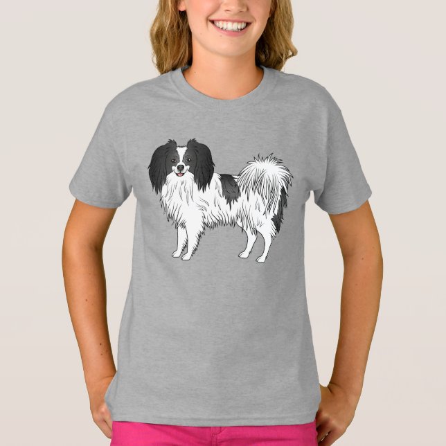 Phalène-Hund in Schwarz-Weiß-Coat-Farbe Zeichnend T-Shirt (Vorderseite)
