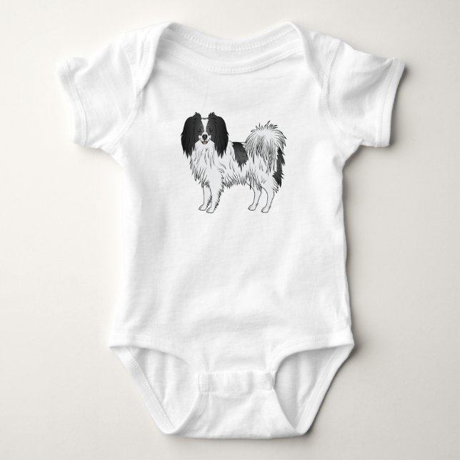 Phalène Hund in Schwarz-Weiß glücklich lächelnd Hu Baby Strampler (Vorderseite)