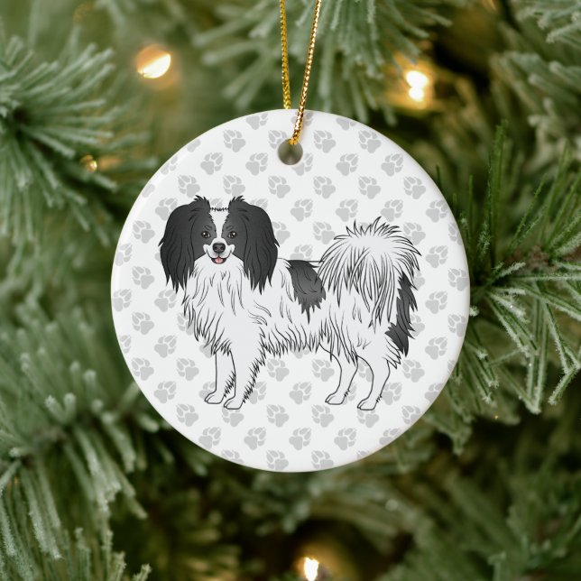 Phalène Hund mit schwarzem und farbigem Muster Keramik Ornament (Baum)