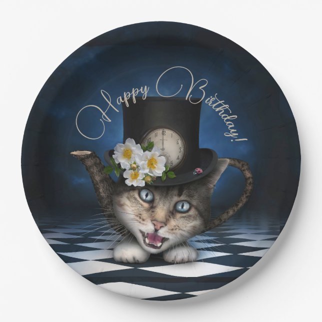 Phantastisch Mad Hatter Teapot Katze Whimsical Geb Pappteller (Vorderseite)