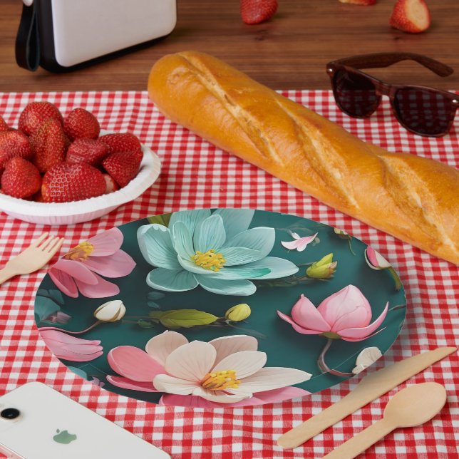 Phantastische blühende Blume und verlassen Papierp Pappteller (Picknick)