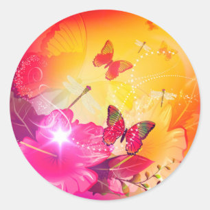 Phantastische farbige Blume und Schmetterlinge Runder Aufkleber