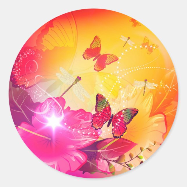 Phantastische farbige Blume und Schmetterlinge Runder Aufkleber (Vorderseite)