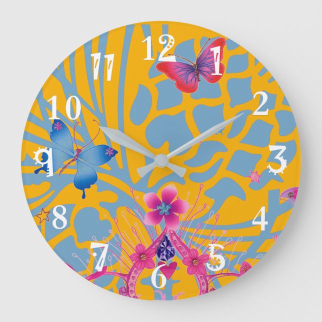 Phantastische Feminine-Schmetterlingsmuster Große Wanduhr (Vorderseite)