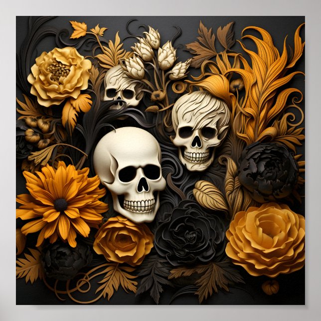 Phantastische Halloween-Muster-Blume und weiße Sch Poster (Vorne)