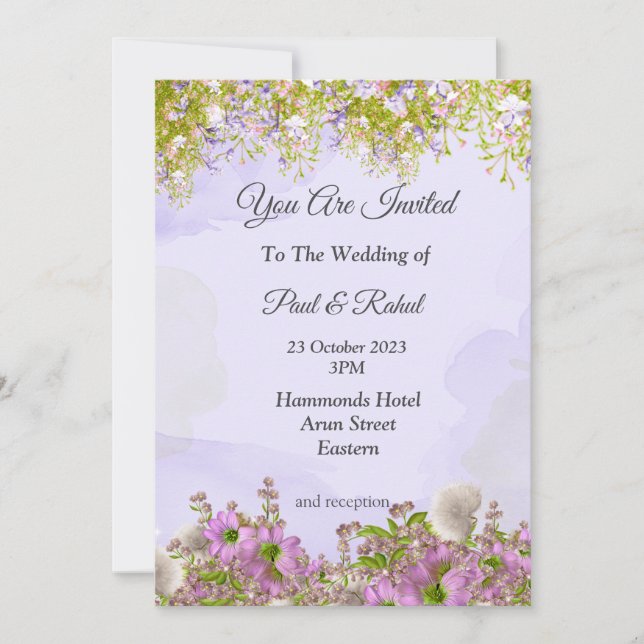 Phantastische Hochzeitseinladung, schöne violette  Einladung (Vorderseite)