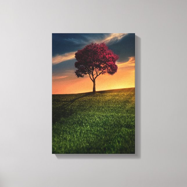 Phantastische Landschaft mit Rotem Baum bei Sonnen Leinwanddruck (Vorderseite)
