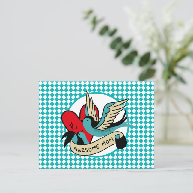 Phantastische Mama Tattoo und Harlequin Postkarte (Stehend Vorderseite)