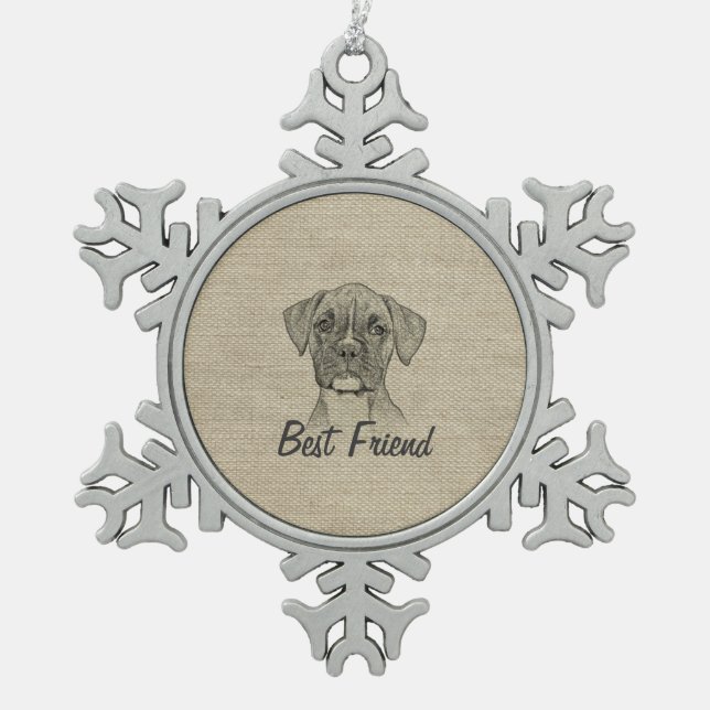 Phantastischer bezaubernder, trendiger Boxer Welpe Schneeflocken Zinn-Ornament (Vorderseite)