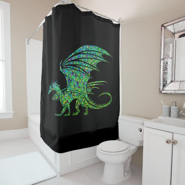Phantastischer grüner Mosaikdrache auf schwarz Duschvorhang (Beispiel)