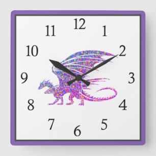 Phantastischer Mosaikdrache Lila schwarze Zahlen P Quadratische Wanduhr