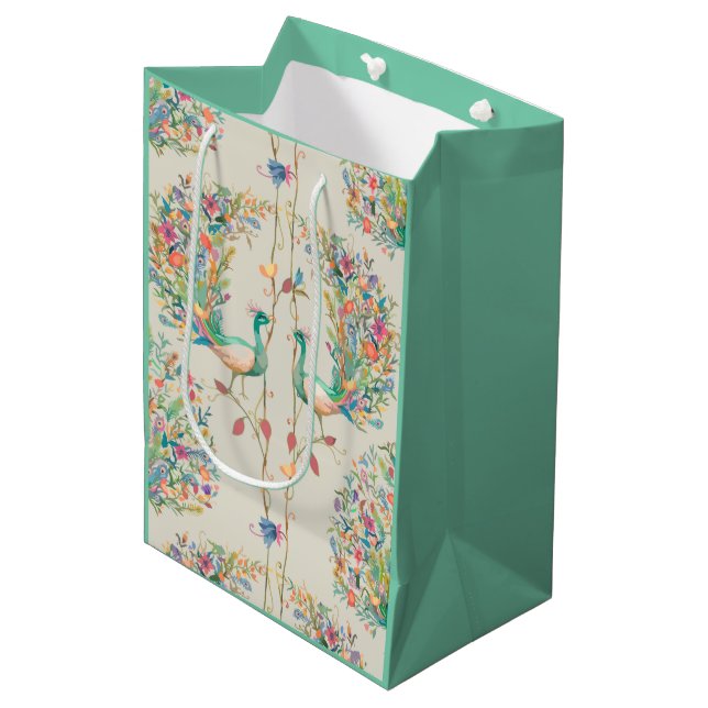 Phantastischer Pfau große Geschenktasche Mittlere Geschenktüte (Vorderseite Schrägansicht)