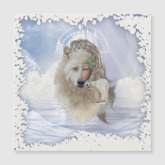 Phantastischer Polarwolf mit Feen, Magnetkarte (Vorderseite)