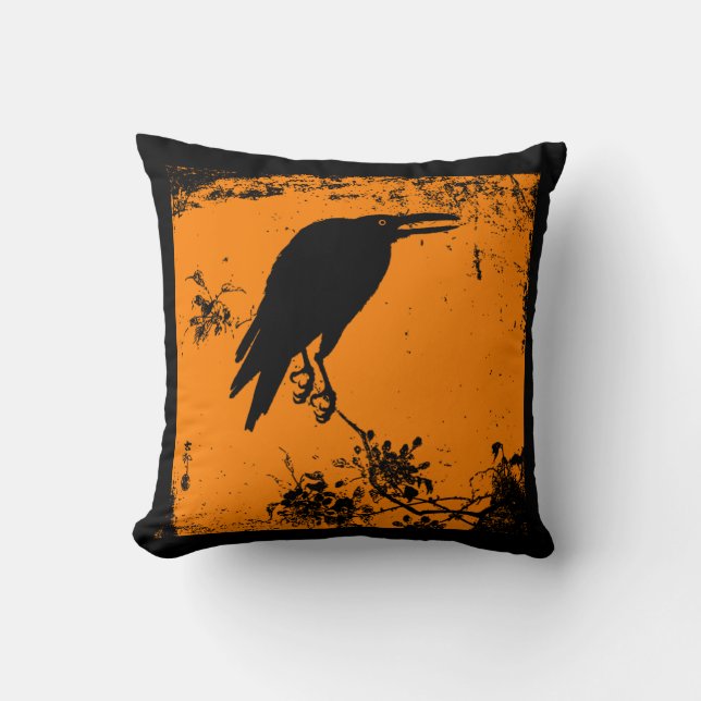 Phantastischer schwarzer Raven in Orange Kissen (Vorderseite)