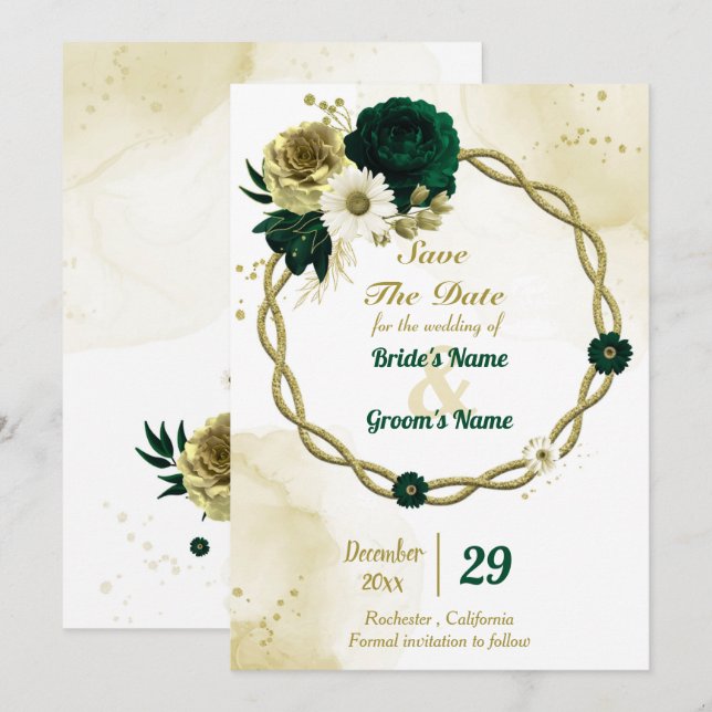 Phantastischer Smaragdgrüner Elfenbeinblumenkranz Save The Date (Vorne/Hinten)